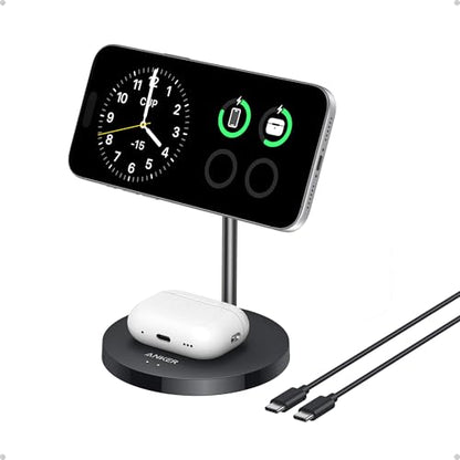 Anker MagGo 2-in-1 MagSafe Compatible Qi2 15W Wireless Charging Stand | Qi2 Certified, Fast Charging, Wireless Charger for iPhone 17, AirPods Pro, and More - color: Black