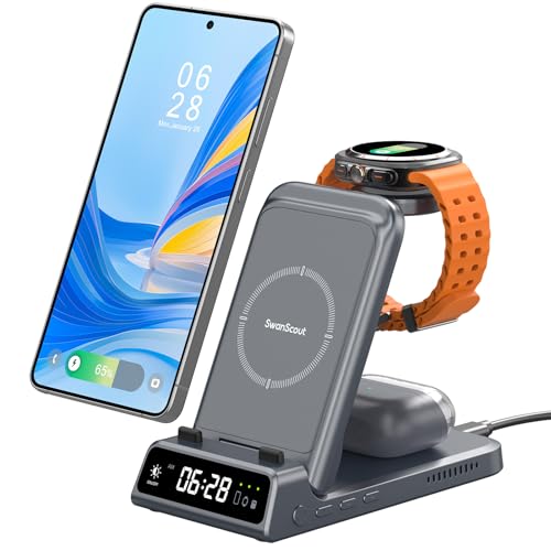 Charging Station for Samsung S26 Ultra, Wireless Charger for Galaxy S26/S25/S24/S23 Series, Galaxy Watch (Not for Watch 9/Ultra 2), Galaxy Buds 3 Pro/3, SwanScout 703S (No Adapter) - color: Tech Grey