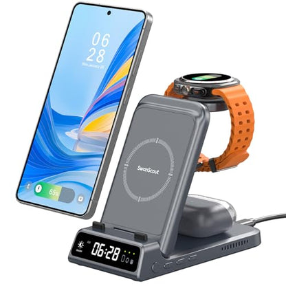 Charging Station for Samsung S26 Ultra, Wireless Charger for Galaxy S26/S25/S24/S23 Series, Galaxy Watch (Not for Watch 9/Ultra 2), Galaxy Buds 3 Pro/3, SwanScout 703S (No Adapter) - color: Tech Grey