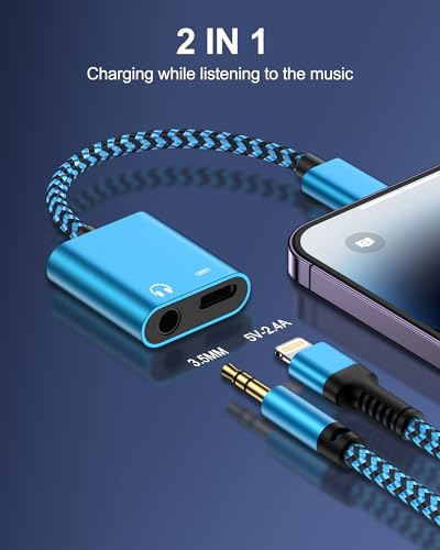 iPhone Headphone Adapter with Charge 2-in-1 Lightning to 3.5mm Female Aux | Audio Jack Dual Converter Mfi Certified Apple Dongle Splitter +Charger Adaptor for iPhone 14 Pro Max 13 12 11 XR XS iPad Mini - color: Blue