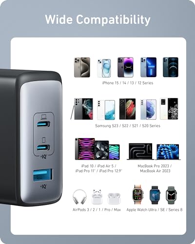 Anker Nano 100W MacBook Charger, 3-Port Fast Compact GaN USB Charger Block | With 1 Pack & 1 Cable for MacBook Pro/Air, Pixelbook, ThinkPad, Dell XPS, iPad Pro, iPhone 17 Series, Galaxy S23, and More - color: black