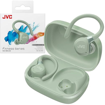 JVC Fitness Series True Wireless Sport Earbuds with Adjustable Hooks, Active Noise Cancelling, Ambient Sound Mode, IP57 Waterproof, 40hr Long Battery Life, App EQ, Low Latency, Mic HAEC75TG Green - color: Green