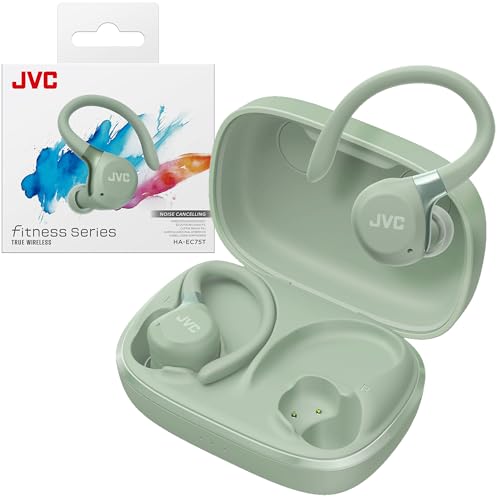 JVC Fitness Series True Wireless Sport Earbuds with Adjustable Hooks, Active Noise Cancelling, Ambient Sound Mode, IP57 Waterproof, 40hr Long Battery Life, App EQ, Low Latency, Mic HAEC75TG Green - color: Green