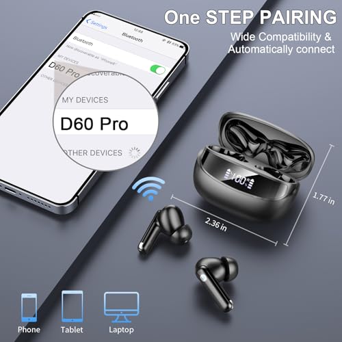 2026 Wireless Earbuds 5.4, Bluetooth Headphones HiFi Stereo, 50H Playtime | In-Ear Headphones with 4 ENC Noise Cancelling Mics, IP7 Waterproof Wireless Headphones, Earbuds for iOS/Android, LED Display - color: Midnight Black