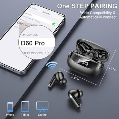 2026 Wireless Earbuds 5.4, Bluetooth Headphones HiFi Stereo, 50H Playtime | In-Ear Headphones with 4 ENC Noise Cancelling Mics, IP7 Waterproof Wireless Headphones, Earbuds for iOS/Android, LED Display - color: Midnight Black