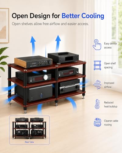 3 Tier Heavy Duty AV Media Stand, Stereo Stands and Racks, Teak | Audio Tower HIFI Rack Stereo Shelf 264 lb Load Capacity, vibration-dampening feet, open ventilation, Built for Hi-Fi systems - color: Teak, size: 3 tier