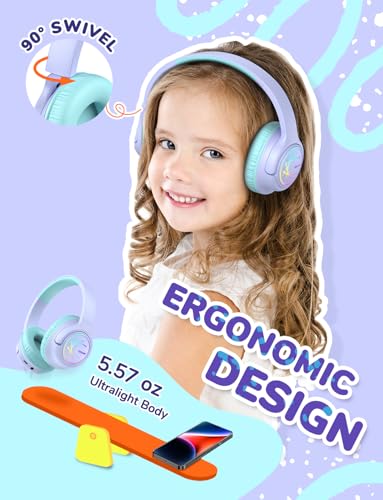 iClever BTH18 Kids Bluetooth Headphones LED Lights for Toddler Boys Girls | SafeSound Tech, 43H Playtime Stereo Sound, USB C Charging AUX Cable, Over Ear Kids Headphones Wireless for iPad/Tablet/Travel - color: Purple
