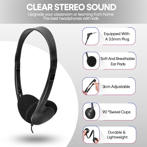 Classroom Headphones Bulk 25 Pack Class Set for School Students Kids and Adult -Sturdy Wired 3.5mm Plug (Black, 25 Pack) - color: Black, size: 25 Pack