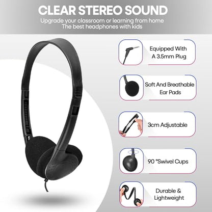 Classroom Headphones Bulk 25 Pack Class Set for School Students Kids and Adult -Sturdy Wired 3.5mm Plug (Black, 25 Pack) - color: Black, size: 25 Pack