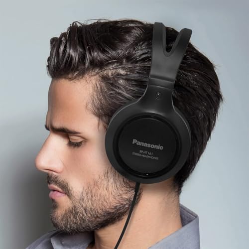 Panasonic Headphones, Lightweight Over The Ear Wired Headphones with Clear, Sound and XBS for Extra Bass, Long Cord, 3.5mm Jack for Phones and Laptops – RP-HT161-K (Black) - size: 4.1 x 7.2 x 7.6 inches (Pack of 1), style: Over Ear - No Mic