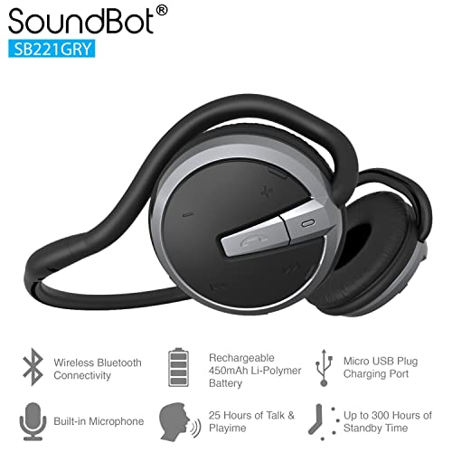 Soundbot Behind the Neck Headphones, Sweat Resistant Secure-Fit for Sports | 20-hr music streaming, 25-hr hands-free calling, built-in voice command, sleek black finish, lightweight all-day comfort fit