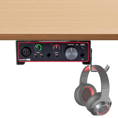 Under Desk Mount and Wall Mount for Focusrite Scarlett Solo 3rd/4th Gen | Metal Under Desk Mount for Audio Interfaces and Studio Gear with Adjustable Headphone Hanger Stand (Black）