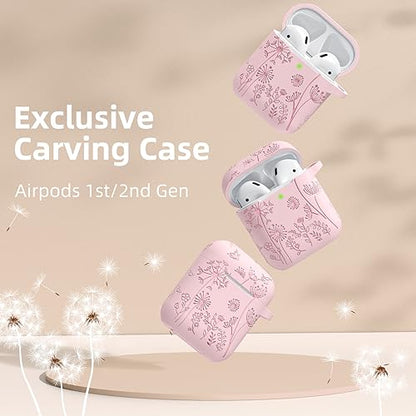 Lerobo for AirPod Case 2nd/1st Generation with Keychain for Women Girl | Cute Flower Engraved Silicone Protective Cover for AirPods 2 Case, Wireless Charging, Led Visible, One-piece Design, Pink - color: Pink