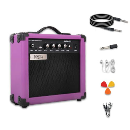 Purple Electric Guitar Amplifier Portable Practice Guitar Amp Drive Gain Bass Treble Full Accessories with Noiseless Cable Picks Adapater Earphones Aux Cable in (Purple, 20W) - color: Purple