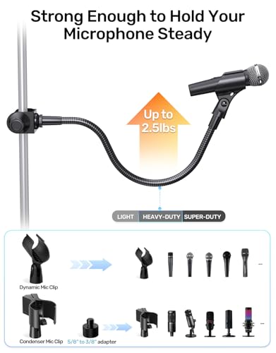 19-In Gooseneck Mic Holder Stand, Clip on Mic Stand with Super Crab Clamp | 5/8-3/8 Adapter, Compatible with Shure, Pyle, Blue Snowball, Razer, Flexible Mic Arm Mount for Music Performance, Sturdy Clip