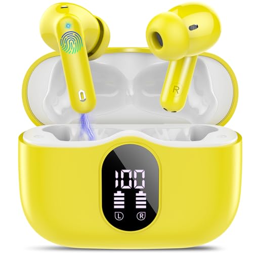 Wireless Earbuds, Bluetooth 5.4 Headphones Bass Stereo, Ear Buds with Noise Cancelling Mic, IP7 Waterproof in Ear Earphones, 36H LED Display Bluetooth Earbuds for Laptop Pad Phones, Golden Yellow | Ear Buds with Noise Cancelling Mic LED Display, 36H, IP7