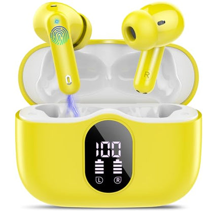 Wireless Earbuds, Bluetooth 5.4 Headphones Bass Stereo, Ear Buds with Noise Cancelling Mic, IP7 Waterproof in Ear Earphones, 36H LED Display Bluetooth Earbuds for Laptop Pad Phones, Golden Yellow | Ear Buds with Noise Cancelling Mic LED Display, 36H, IP7