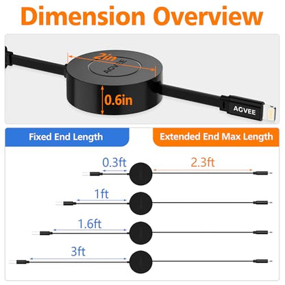 AGVEE 0.3ft Fixed / 2.3ft Extend Single-End Retractable Lightning Cable | Desk-Mounted, Pocket Size, 2.4A Fast Charger Cord for iPhone 14/13/12/11/XS/8/7/6/5, iPad, iPod, Cord Organizer - size: 0.3ft Fixed / 2.3ft Extend, style: A to Lightning