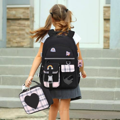 ACESAK Girls Backpack with Headphones, Insulated Lunch Box & Pencil Case | Girls School Backpack with 3.5mm Wired Headphones for School Bookbag Schoolbag Set Back To School Gift, Black - color: Black