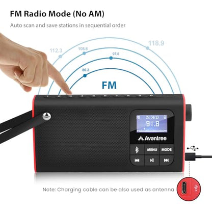 Avantree SP850 – Portable 3-in-1 FM Radio with Bluetooth Speaker | Compact Radio with SD Card MP3 Player, Rechargeable, LED Display & Headphone Jack, Pocket Size with Handheld