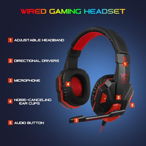 BlueFinger RGB Gaming Keyboard and Backlit Mouse and Headset Combo, USB Wired Backlit Keyboard, LED Gaming Mouse Set, Headset with Microphone for Laptop PC Computer Game and Work - color: Black