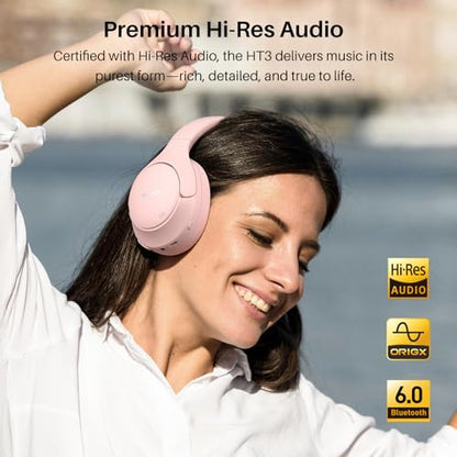 TOZO HT3 Hybrid Noise Cancelling Wireless Headphones, 90H Over Ear Headset | Hi Res Audio, AI Voice Assistant, Dual Device Connection, 32 Custom EQs, Built In 5 Mics, ANC, Foldable with Case - color: Pink