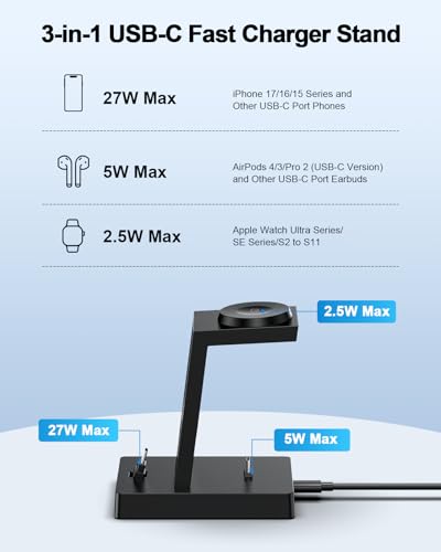 30W Fast 3 in 1 Charging Station for Apple Devices - ADADPU USB C Charger Stand for iPhone 17 16 15 Pro Max Plus & AirPods 4,Wireless Charger Dock Compatible with Apple Watch Ultra/10/9/8/7/6/5/4/3/SE - color: Classic Black