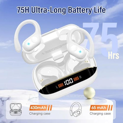 Qecnato Wireless Earbuds Bluetooth 5.4 Headphones 75H Stereo Deep Bass Sports Over Ear Buds with Earhooks, LED Display Bluetooth Earbuds with 4 ENC Mic, IP7 Waterproof Earphone for Running, White