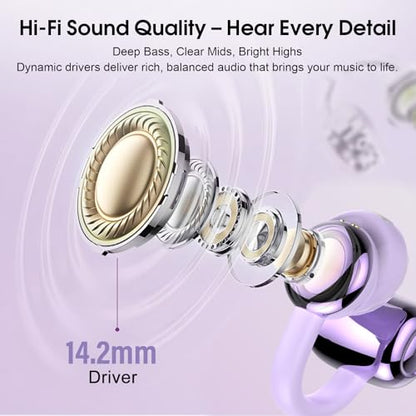 Open Ear Earbuds Wireless Clip on Headphones Bluetooth 5.4 Ear Buds with DNN Noise Cancelling, 48H Playtime, Low Latency, Fashion Design, Secure Fit, Clear Sound for Music & Calls (Purple) - color: Purple