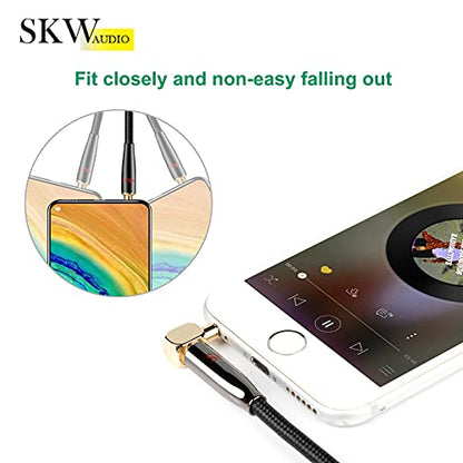 SKW Audiophile 3.5mm Right-Angle Stereo Aux Cable 1/8" TRS 6.5ft/2m | Dual-shielded, gold-plated contacts, nylon-braided jacket, sturdy and durable, Hi-Fi stereo fidelity, 90 degrees - color: Black-straight to bend, size: 6.5ft (2m)