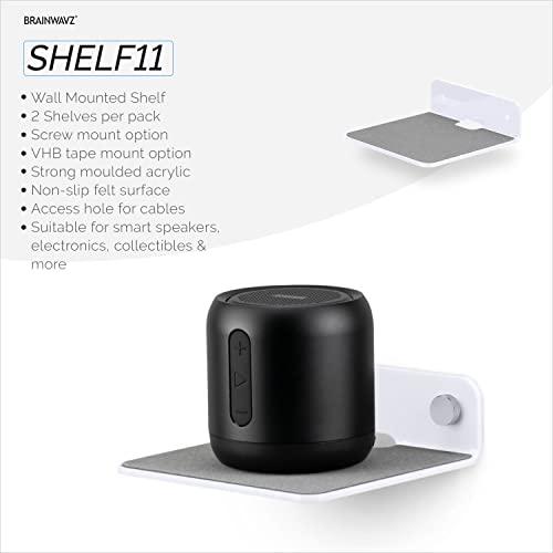 BRAINWAVZ 2-Pack 4” Small Floating Shelf Bluetooth Speaker Stand, Adhesive & Screw Wall Mount, Anti Slip, for Cameras, Baby Monitors, Webcam, Router & More, Universal Holder (SHELF11 White) - color: White