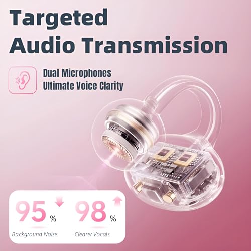 Wireless Earbuds with LED Makeup Mirror Case, Bluetooth 6.0 Open Ear Clip-On Headphones, Cute Pink Air Conduction Earphones for Women, Low Latency, Secure Fit for Running & Travel - color: Pink