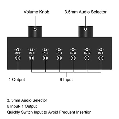 6-Channel 3.5mm Audio Switcher, 1 Input 6 Output Passive Stereo 1/8” Aux Selector Box for Speaker/Headphones/Laptop/Computer/Smartphone and PS4/PS5 Gaming System ect. - style: 6-Channel 3.5mm Audio Switcher