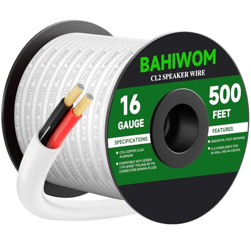 White Speaker Wire 16 Gauge 500FT CL2 Rated CCA Speaker Cable | Flexible PVC Jacket 2 Conductors Red & Black Polarity Mark for Home Theater,Indoor,In-Wall,In-Ceiling & Marine - size: 500 FT, style: 16GAUGE