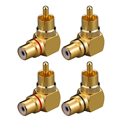 4 Pcs RCA 90 Degree Adapter Gold-Plated Right Angle RCA for Wall Mount TV | 90° Space-saver, Gold-plated resists corrosion, Heavy-duty with 360° grip ring, Fits DVD/TV/soundbar/AV, for wall TV & sub