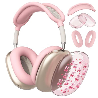 Pink Cherry Bow Clear Case for Airpods Max Headphones Cute Girls Bowknot Soft TPU Ear Cups Cover Anti-Scratch Silicone Ear Pad Protective Case Kawaii Headband Cover for Apple Airpods Max - color: Cherry heart 13