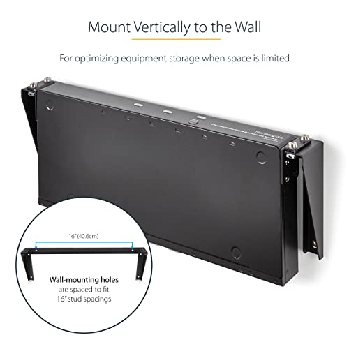 StarTech 1U Vertical Wall-Mount Patch Panel Rack, 125lb, TAA (RK119WALLV) | EIA-310 and REACH compliant, Ships assembled, 6 wood screws, 4 M5 cage nuts and screws, Any depth - size: 1U