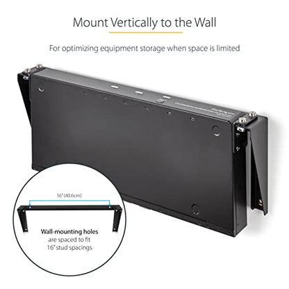 StarTech 1U Vertical Wall-Mount Patch Panel Rack, 125lb, TAA (RK119WALLV) | EIA-310 and REACH compliant, Ships assembled, 6 wood screws, 4 M5 cage nuts and screws, Any depth - size: 1U