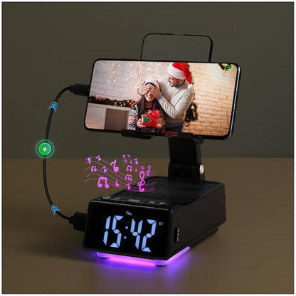 Birthday Gifts for Women Men, 7 in 1 Multi-Function Phone Stand with Bluetooth Speaker, Portable Charger Alarm Clock LED Light USB Playback Hands-Free Calling (Black) - size: F30