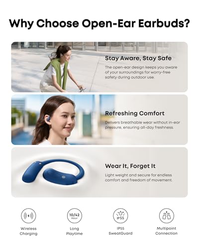 Soundcore AeroFit 2 by Anker Open Ear Earbuds, Open Ear Headphones, Earbuds | Real-Time Translation, 4 Adjustable Positions, 42H Playtime, Rich Bass, Hi-Res, IP55, AI Clear Calls, Wireless Charging - color: Abyss Blue, style: Standard