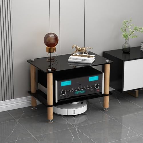 Audio Component Rack, Stereo Rack with 8mm Tempered Glass Shelves, Solid Wood Columns & Anti-Vibration Metal Feet for Power Amplifier, Stereo Receiver, Turntable & AV Equipment(Black,2 Tier) - color: Black, size: 2 Tier