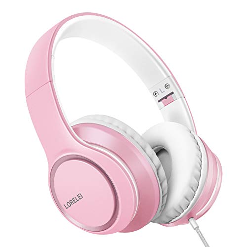 LORELEI X8 Over-Ear Wired Headphones with Microphone with 1.45m-Tangle-Free Nylon Line&3.5mm Plug,Lightweight Foldable & Portable Headphones for Smartphone,Tablet,Computer,Mp3/4（Pearl Pink） - color: Pearl Pink