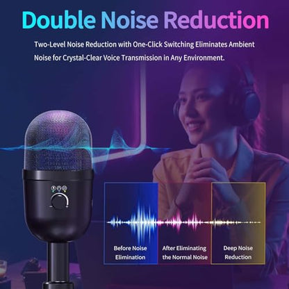 USB Gaming Condenser Microphone for PC/Desktop,192kHz/24Bit,Noise Cancellation,Monitoring,Quick Mute & RGB Lighting,USB PC Mic for Laptop,Podcast,Streaming,Recording Black