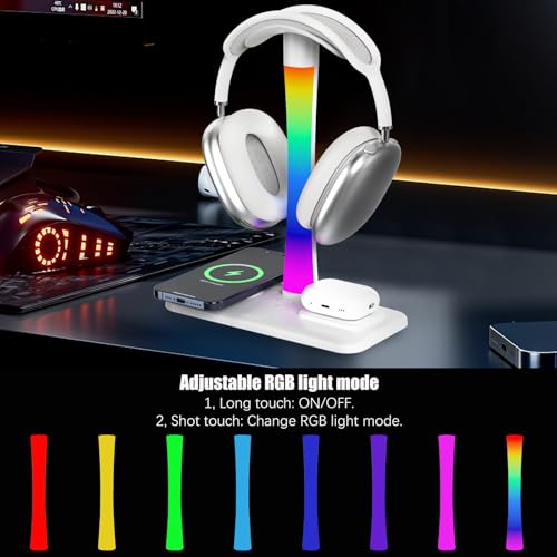 Headphone Stand with Wireless Charger,Gaming Headset Stand with RGB Light Mode,for iPhone17/16/15/14,Gifts for Gamers & Music Lover (White) - color: White