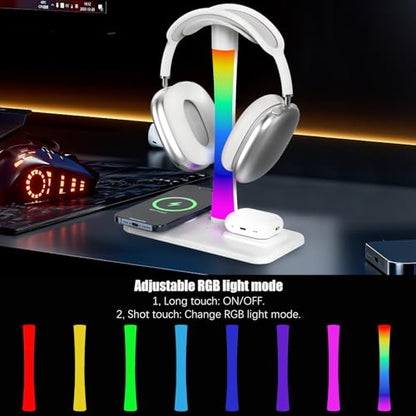 Headphone Stand with Wireless Charger,Gaming Headset Stand with RGB Light Mode,for iPhone17/16/15/14,Gifts for Gamers & Music Lover (White) - color: White