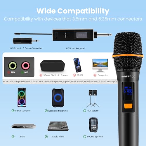 Marengo Metal Wireless Microphone,UHF Handheld Karaoke Mics,Rechargeable