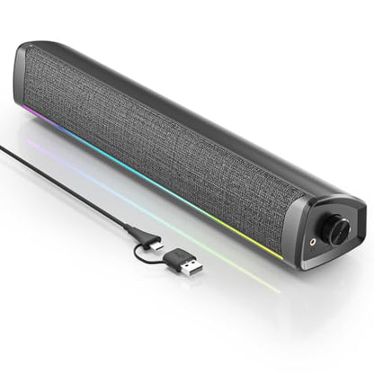 Computer Speakers for Desktop PC, Gaming Soundbar with 4 Drivers, 12 RGB Lighting Modes, USB/USB-C Powered PC Speakers, Plug & Play Monitor Sound Bar with Mic & Headphone Jack for Laptop, PC, Black