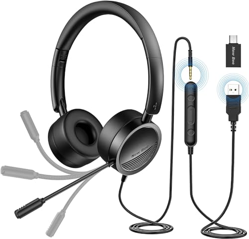 New bee USB Headset with Mic for PC, On-Ear Computer Laptop Headphones with Noise Cancelling Microphone & USB-C Adapter for Home Office Online Class Skype Zoom (Black)
