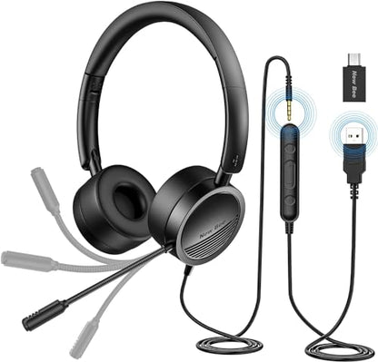 New bee USB Headset with Mic for PC, On-Ear Computer Laptop Headphones with Noise Cancelling Microphone & USB-C Adapter for Home Office Online Class Skype Zoom (Black)