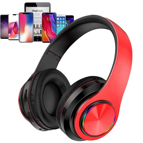 Kids Bluetooth Over Ear Headphones with LED Lights, Red | Built-in Mic, Bluetooth 5.0, Wired and Wireless Foldable Stereo Headphones for Classroom, Office, Tablet, Airplane,Travel - color: Red Black